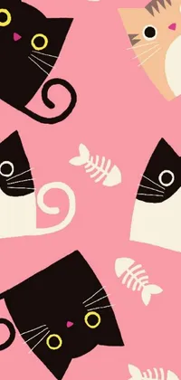 This phone live wallpaper features an adorable pattern of cats chasing fish while half cat-half mouse creatures climb across the pink background