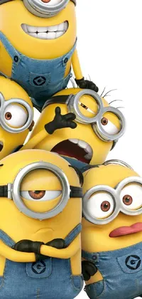 This vibrant phone live wallpaper features a cute and playful group of animated minions sitting on top of one another, showing off their wide array of happy and silly facial expressions