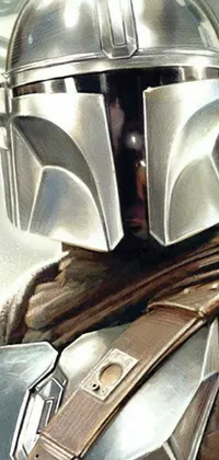 This dynamic phone live wallpaper features a striking close-up of a helmeted figure with Renaissance and Mandalorian styling