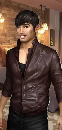 This live wallpaper features a striking image of a man wearing a stylish leather jacket