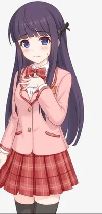 This live wallpaper features a cute anime-style girl in a school uniform with a bow tie, along with an adorable anime-style Hagrid