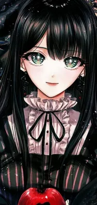 This phone live wallpaper showcases a mysterious young anime girl with long black hair and striking green eyes