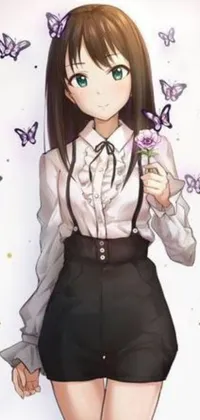 Looking for a stunning anime live wallpaper for your phone? This captivating design features a beautifully drawn anime girl sporting a lab coat and white blouse, delicately holding a flower in one hand