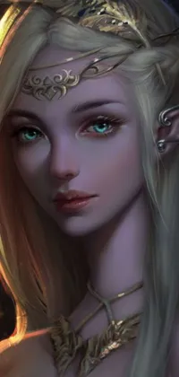 This whimsical phone live wallpaper features an elegant, crowned woman with blonde hair, elf ears, and gold eyes