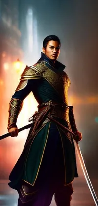 This phone live wallpaper showcases a male figure donning a green outfit and holding a sword trimmed with blue and gold tones