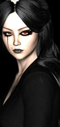 This stunning live wallpaper features a gothic-inspired design, with a mysterious woman sporting long black hair and red eyes