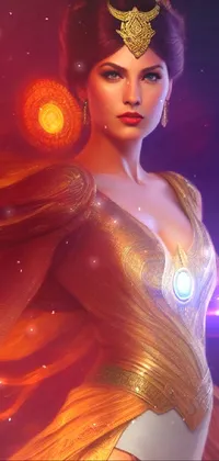 This phone live wallpaper showcases a radiant fire goddess in an exquisite costume
