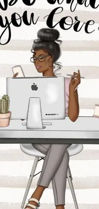 This live phone wallpaper showcases a glamorous illustration of a woman sitting at a desk with a laptop