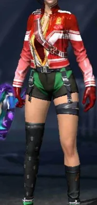 This exciting live wallpaper features a bold and confident woman wearing a stunning red and green outfit inspired by the mechanic punk genre and various fashion gameplay screenshots