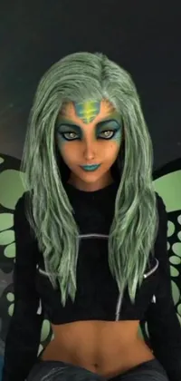This live wallpaper design features a colorful woman in a butterfly costume with green hair and fully detailed faces