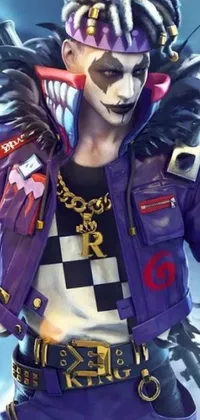 This live phone wallpaper displays an impressive close-up of a uniquely styled costume featuring a mixture of mechanic punk and jester aesthetics