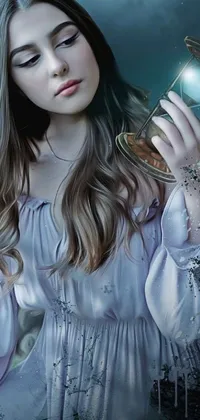 This phone live wallpaper showcases a beautiful digital artwork of a woman wearing a flowing white dress while holding a glass jar