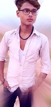 This live wallpaper features an artistic digital image of a young man in a white shirt and glasses, captured in a blurry full body shot