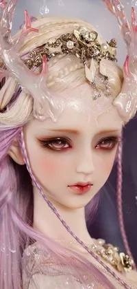 This phone live wallpaper features an intricate close-up of a colorful doll with striking purple hair, set against a serene fantasy art backdrop