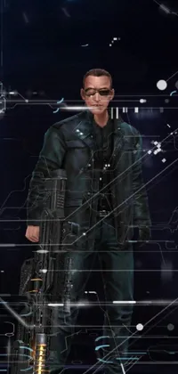 This mobile live wallpaper features a man holding a gun in a dark room with a sniper rifle