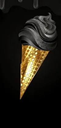 This live phone wallpaper features a stunning 3D model of an ice cream cone in a sleek black and gold color scheme, set against a deep black background