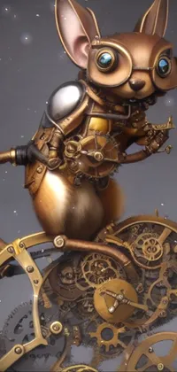 Experience a stunning phone live wallpaper showcasing a lifelike 3D render of a cartoon mouse sitting atop a clock, riding a steampunk motorcycle