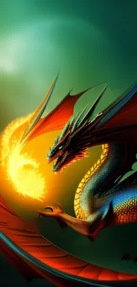 Looking for a dynamic and captivating phone background? Check out this digital illustration of a fire-breathing dragon! The high-resolution artwork is full of vivid colors and incredible detail, showing off the fierce scales and wings of this mythical creature