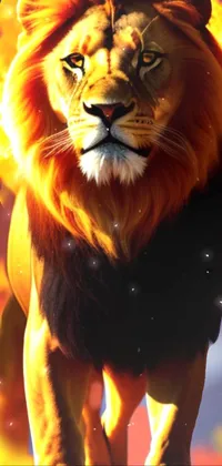 This live wallpaper showcases a close-up of a fierce lion standing on top of a red surface, with realistic fire in the background