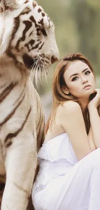 Looking for an enchanting phone live wallpaper that will transport you to a magical land? Look no further than this stunning image featuring a beautiful woman beside a striking white tiger