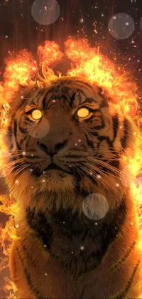 This phone live wallpaper depicts a fierce tiger in flames, with a squirrel watching from a distance in the background