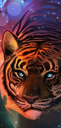 This phone live wallpaper features a stunning digital painting of a tiger with mesmerizing blue eyes in a vibrant fantasy style