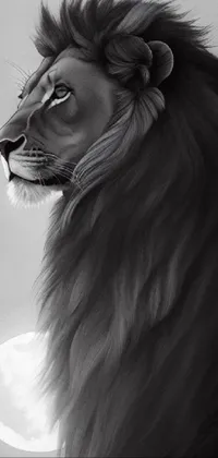 This live phone wallpaper features a breathtaking digital airbrush painting of a majestic lion and a full moon on a dark background