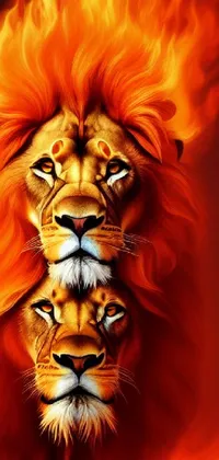 Get mobile with this captivating lion couple phone live wallpaper! This digital art creation features two ferocious lions standing side by side in a red and orange color scheme