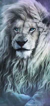 This phone live wallpaper showcases a stunning digital art portrait of a white lion with piercing blue eyes