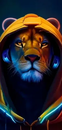 This vibrant phone live wallpaper features a magnified view of a lion donning a stylish hoodie, set against a neon backdrop to create a striking visual effect