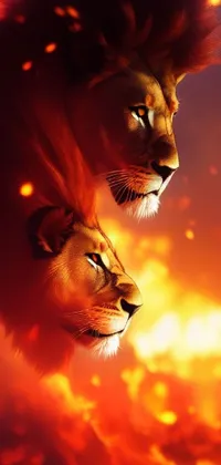 This eye-catching live phone wallpaper boasts a stunning digital art of two lions standing shoulder to shoulder in the foreground