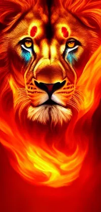 Looking for an eye-catching and unique live wallpaper for your phone? Check out this digital rendering of a lion's face surrounded by blue fire! The highly-detailed close-up image pops against a vivid red background, and the realistic flames give the whole scene an intense energy