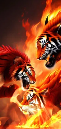 This phone live wallpaper showcases a breathtaking digital art piece of a group of tigers running through a fiery field, along with a 3D-rendered image of a phoenix