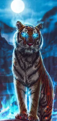 This stunning live wallpaper features a beautiful tiger standing on top of a rugged rock under a full moon in a cyberpunk art style