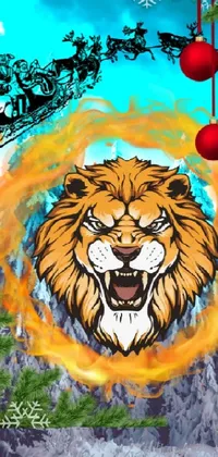 This phone live wallpaper showcases a striking image of a lion against a backdrop of blue ice and orange fire
