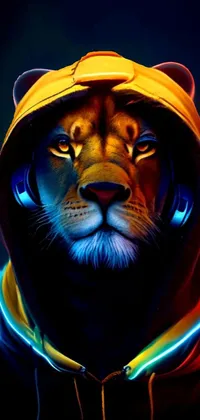 This stunning live wallpaper features a digitally created image of a lion sporting headphones and a hooded sweatshirt