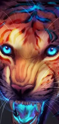 This phone live wallpaper features a fierce digital painting of a tiger's face with blue eyes