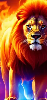 This phone live wallpaper showcases a breathtaking, close-up image of a lion set against a striking, fire-themed gradient background
