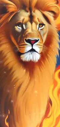 Add a pop of color and fire to your phone with this art-inspired centerpiece! Set against a backdrop of blue, mesmerizing flames is a striking close-up of a lion airbrush painting