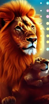 Looking for a stunning live wallpaper for your phone? Check out this beautiful digital painting featuring two majestic lions standing close together