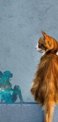 This live phone wallpaper features an anthropomorphic maine coon cat sitting on a ledge and looking out into a galaxy-filled universe