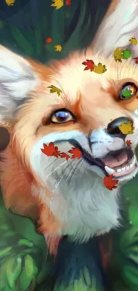 This phone live wallpaper showcases a stunning digital painting of a smiling fox with captivating blue eyes, set against a backdrop of vibrant fauna