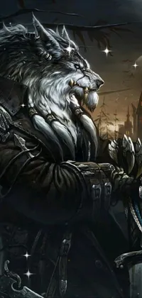 This live wallpaper depicts a fantasy scene with a tauren holding a sword in front of a castle
