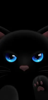 Get mesmerized by this stunning phone live wallpaper featuring a dark background with a vector art of a black cat with captivating blue eyes
