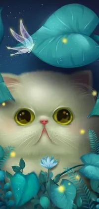 This white cat phone live wallpaper depicts a fantasy art scene with big cute eyes