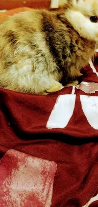 This lively phone live wallpaper features a brown and white rabbit sitting atop a bed
