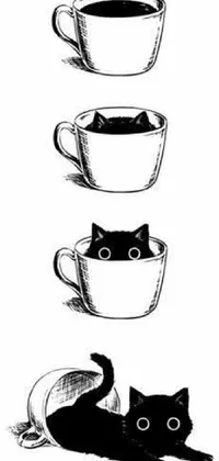 This mobile live wallpaper showcases a minimalist drawing of a cat next to a cup of coffee against a black and white background