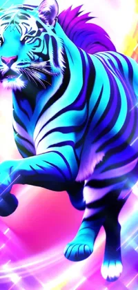This phone live wallpaper features a stunning tiger in a majestic pose, set against a colorful digital painting with neon shades of purple and blue
