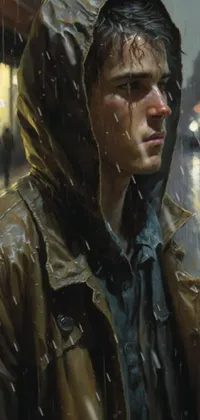 This stunning phone live wallpaper features a hyperrealistic painting of a man standing in the rain