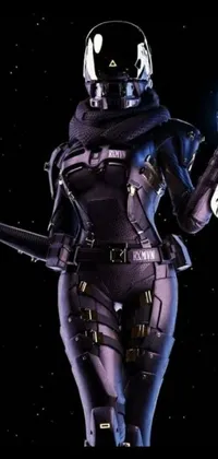This futuristic live wallpaper features a woman in a black and violet space suit, holding a sleek sword